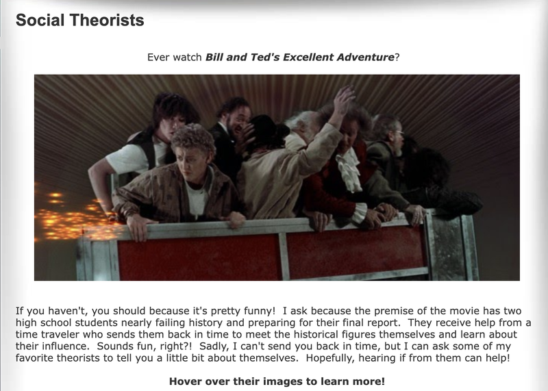 image of bill and ted's excellent adventure and landing page for social theorists activity